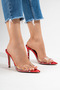 Women's Red Polka Dot Detailed Pointed Toe Thin Heeled Transparent Strap Slippers Sona - 7