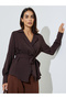 Brown Textured Long Sleeves Belted Wrap Top