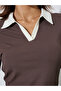 Brown Contrast Collar Long Sleeves Ribbed Top - 4