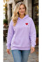 Women's Small Red Heart Printed Hooded Sweatshirt with Kangaroo Pocket