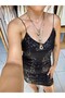 Women's Black Color Sequined Rope Strap Lined Mini Evening Dress - 8