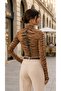 Women's Brown Animal Patterned Viscose Trendy Blouse with Snap-On Collar - 6