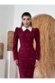 Women's Burgundy Pearl Detailed Contrast Collar Balloon Sleeve Midi Dress - 3