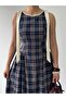 Women's Navy Blue Plaid Patterned Bow Shoulder Round Neck Gathered Midi Dress - 3