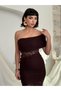 Women's Coffee Strapless Lace Midi Dress with Gathered Transparent Detail and Fish Cut