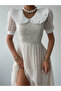 Women's Beige Midi Dress with Heart Pattern, Doll Collar, Pearl Buttons, Balloon Sleeves - 4