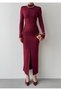 Women's Burgundy High Neck Long Sleeve Gathered Slit Midi Pencil Dress - 7