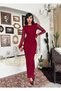Women's Burgundy Midi Dress Lace Textured Crew Neck Long Sleeve Gathered - 6