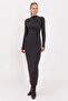 Women's Anthracite Draped Crew Neck Long Sleeve Fitted Midi Dress - 3