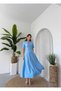 Women's Baby Blue Midi Dress with Stone Bow Detail, Crew Neck, Short Sleeves - 4