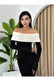 Women's Black Long Dress Off Shoulder Contrast Collar Long Sleeve Fish Cut