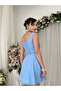 Women's Baby Blue Mini Dress Square Collar Lace Detailed Buttoned Sleeveless Poplin - 7