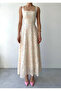 Women's White Floral Appliqué Square Neck Strap Long Evening Dress - 2
