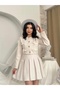 Women's Ecru Jacket-Skirt Set with Bow and Buttons, Pleated Mini Textured Two-Piece Set - 3