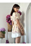 Women's Beige Mini Dress Floral Patterned V-Neck Balloon Sleeves Shirred Poplin - 4