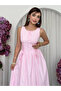 Women's Pink Midi Dress Lace-Up Gathered Buttoned Sleeveless Poplin - 5