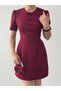 Women's Burgundy Mini Dress with Bow Detail, Short Sleeves, Crew Neck, Atlas Texture - 2