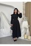 Women's Black Midi Dress Balloon Sleeve Shoulder Flounce Button Detail Poplin A-Line - 5