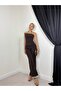 Women's Coffee Color Top and Bottom Set Strapless Draped Blouse and High Waist Wide Leg Pants Set
