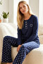 Navy Blue Patterned Embroidered Cotton Lycra Crew Neck Knitted Pajama Set26240280