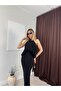 Women's Black Halter Neck Draped Backless Long Slim Fit Evening Dress - 5