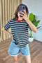 Women's Black Striped Crew Neck Short Sleeve Regular Basic T-Shirt
