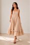 Coffee-Colored Plaid Skirt with Ruffle Detail at the Hem, Square Neckline, Mid-Length Dress - 2