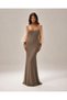 Women's Gray Stone Embroidered Tulle Balloon Sleeve Halter Neck Long Evening Dress - 3