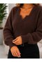 Women's V-Neck Fuzzy Knitted Crop Sweater-Long Sleeve Soft Textured - 4