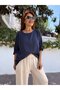 Italian Cotton - Linen Textured Blouse with Pendant Navy Blue - 4