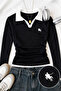 Olos Polo Collar Embroidered Gathered Long Sleeve Blouse