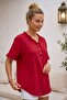 Burgundy V-Neck Short Sleeve Buttoned Collar and Cuff Ruffles Casual Muslin Oversize Woven Blouse 77 70 - 4