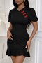 Women's short sleeve mandarin collar floral accessory detailed short imported crepe dress