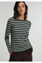 Slim Fit Round Neck Striped Women's Green Long Sleeve T-Shirt