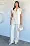 Cream Women's Double-Breasted Collared Jacket and Elastic Waist Pants Two-Piece Set