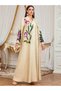 Beige Floral Print Pearls Embellished Maxi Jalabiya