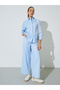 Light Blue Striped Wide Leg Trousers with Side Pocket