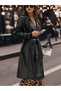 Women's Black Jacket with Collar and Belt, Double Pockets, Faux Leather Trench Coat