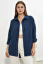Women's Oversize Cut Linen Navy Blue Shirt - 3