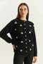 Women's Soft Textured Cherry Embroidered Knitwear Black Cardigan with Pearl Accessories - 2