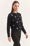 Women's Soft Textured Cherry Embroidered Knitwear Black Cardigan with Pearl Accessories - 3