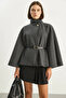 Women's Gold Button Detailed Belted Poncho Anthracite - 4