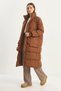 Women's Concealed Hooded Pocket Detailed Long Lined Puffer Brown Coat - 6