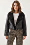 Women's Detailed Crop Laminated Black Coat