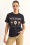 Women's Nice Story Text and Embroidery Detailed Relaxed Fit t Shirt Black - 5