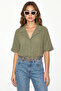 Women's Open Collar Self-Striped Oversize Short Sleeve Pistachio Green Shirt