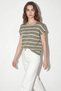 Women's Striped Boat Neck Bat Sleeve Cotton Knitwear Green Ecru Blouse - 3