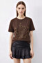 Women's Stone Printed Leopard Pattern Crew Neck Regular Fit t Shirt Brown T-Shirt - 4
