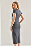 Women's Draped Side Micro Fabric Midi Length Anthracite Dress - 5