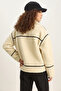 Women's Piping Detailed Pocketed Teddy Biker Beige Jacket - 8